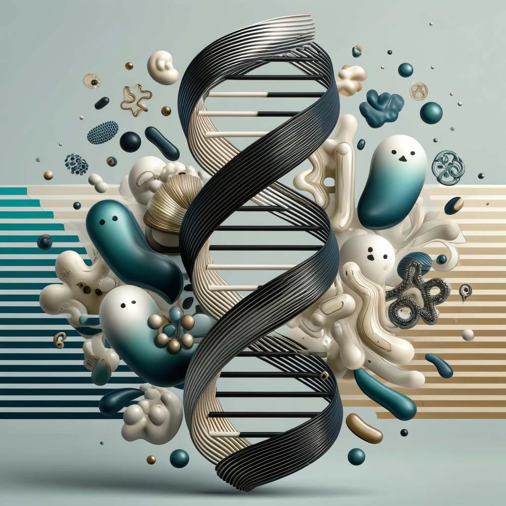 Unlocking Personalized Health: The Power of Genetic and Gut Microbiome Testing 1 dalle 2024 04 01 13 49 28 take the previously adapted image of the sleek modern abstract dna double helix intertwined with friendly looking gut bacteria characters using a co