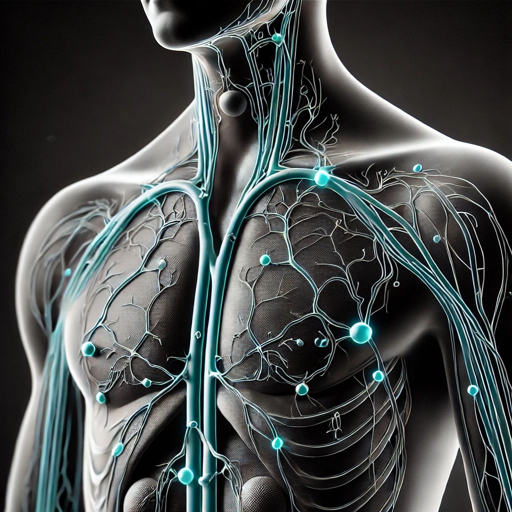 Understanding the Connection Between Breast Cancer, Scar Tissue, and the Lymphatic System: Benefits of Athletic Therapy, Massage Therapy, Acupuncture 2 DALL·E 2024 09 28 19.58.23 A sleek and modern illustration of the human lymphatic system focusing on lymph nodes and vessels across the body. The image should use a black and w