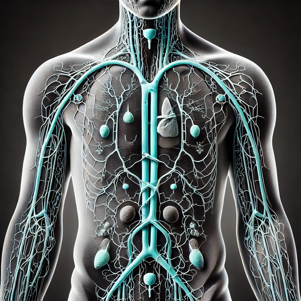 DALL·E 2024 09 28 19.56.02 A detailed modern illustration of the entire human lymphatic system focusing on lymph vessels and nodes throughout the body. The image should use a