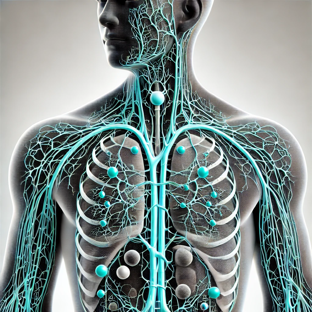 DALL·E 2024 09 28 19.57.21 A modern and detailed illustration of the human lymphatic system focusing on lymph nodes and vessels throughout the body. The design should use a bla