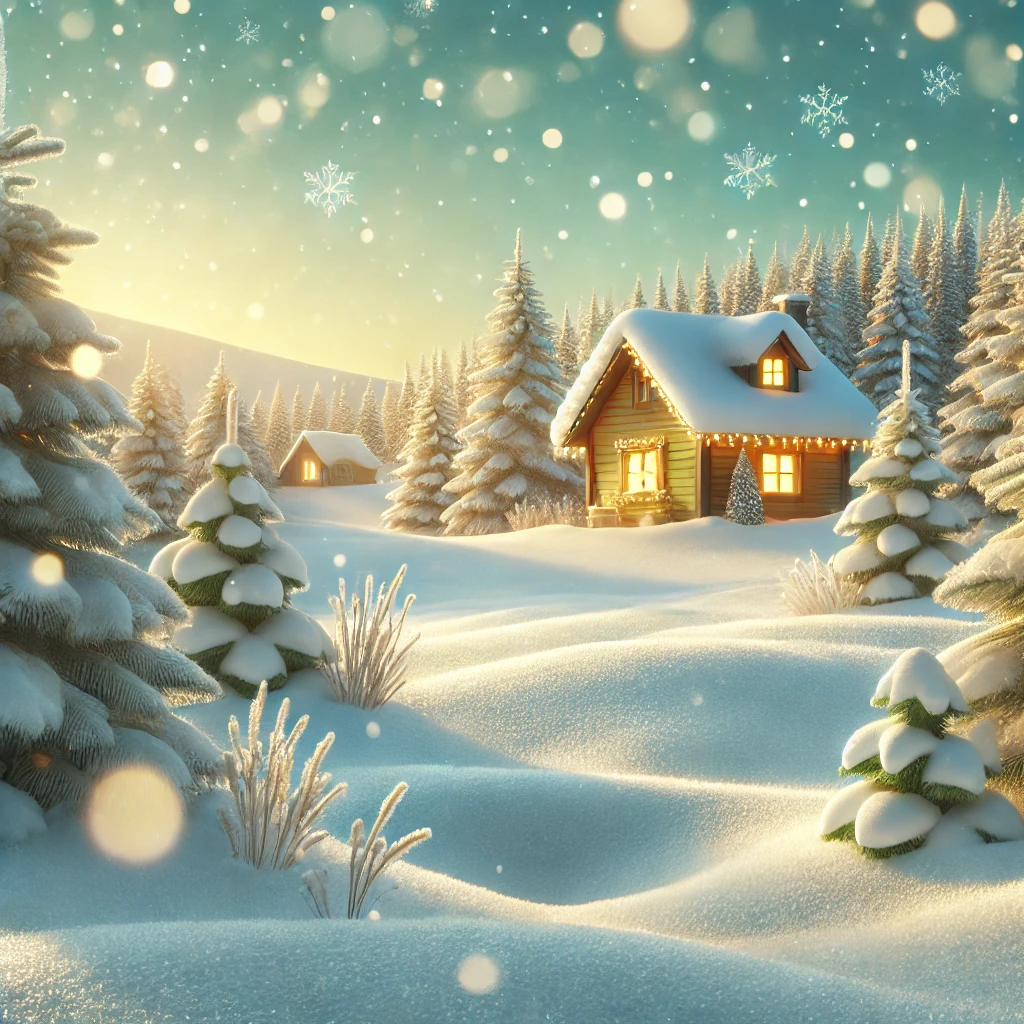 DALL·E 2024 12 03 22.23.12 A serene winter scene featuring a cozy snow covered landscape with a warm cabin in the distance surrounded by evergreen trees. The foreground shows s